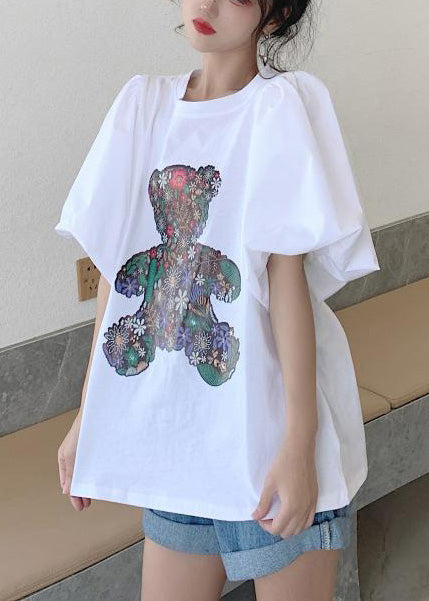 Cotton Tops Tank Bear Women Print Sleeve Puff White