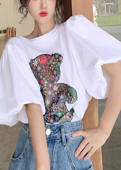 Cotton Tops Tank Bear Women Print Sleeve Puff White