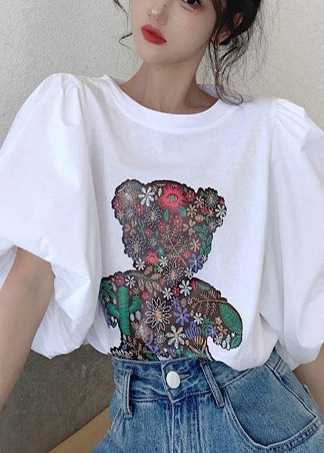 Cotton Tops Tank Bear Women Print Sleeve Puff White