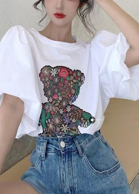 Cotton Tops Tank Bear Women Print Sleeve Puff White
