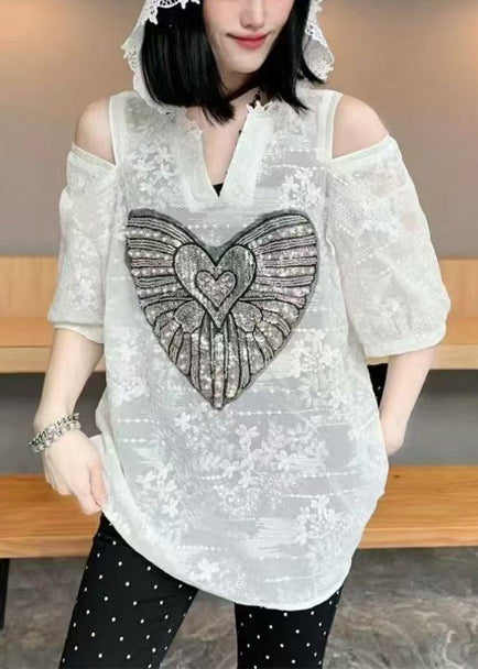 White Shoulder Cold Cotton Women Jacquard Tops Hoodie Summer