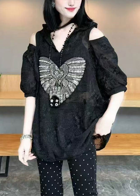 White Shoulder Cold Cotton Women Jacquard Tops Hoodie Summer