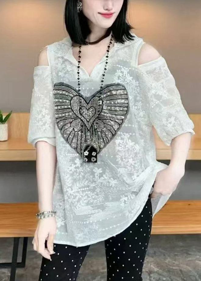 White Shoulder Cold Cotton Women Jacquard Tops Hoodie Summer