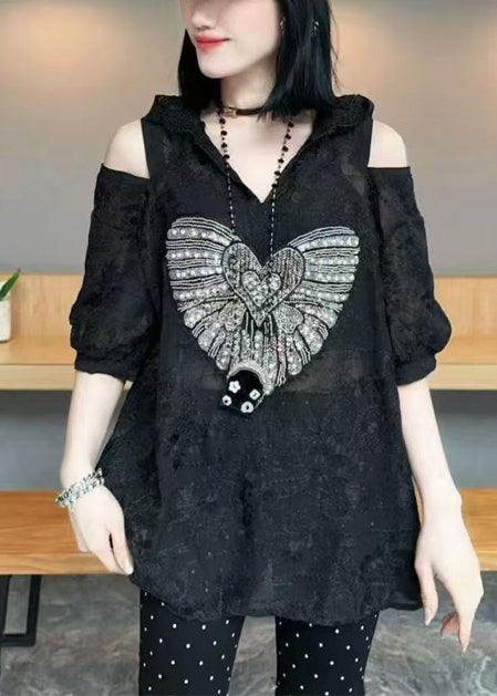 White Shoulder Cold Cotton Women Jacquard Tops Hoodie Summer