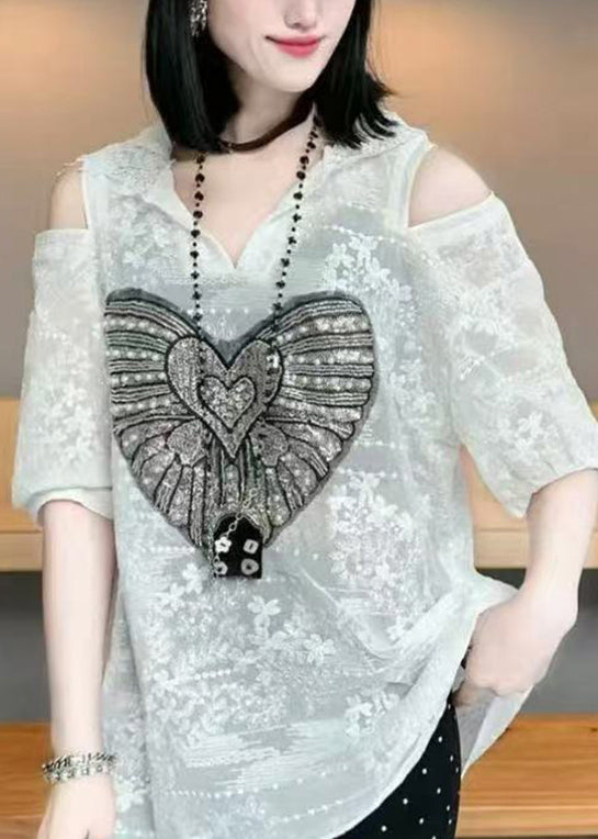 White Shoulder Cold Cotton Women Jacquard Tops Hoodie Summer