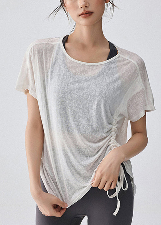 Yoga Top White Drawstring Women Short Solid Sleeve