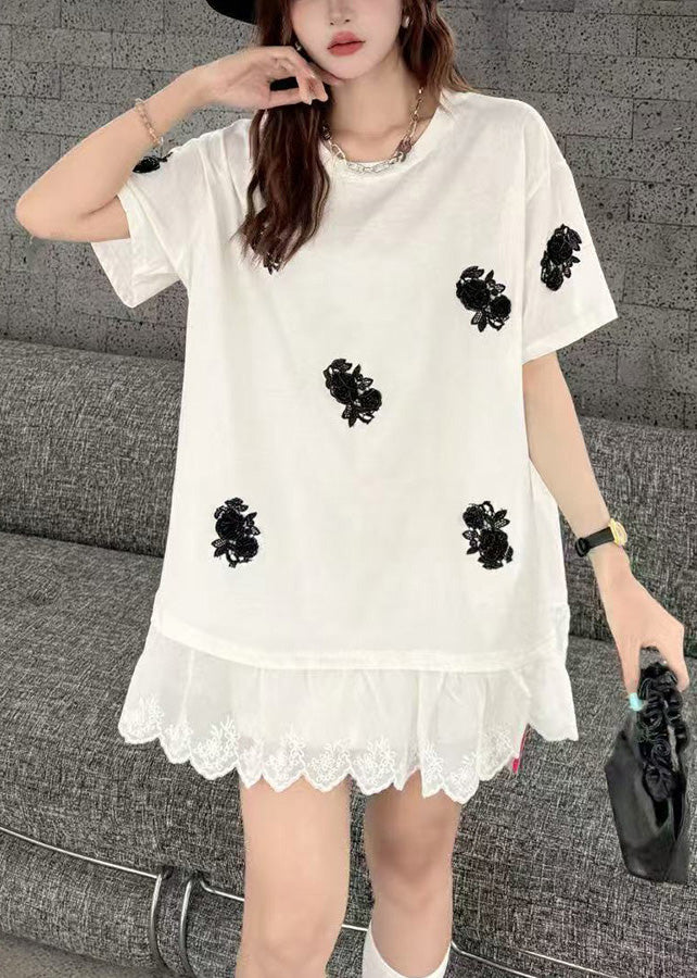 Oversized White Patchwork Tanks Flower Women Decorated Lace
