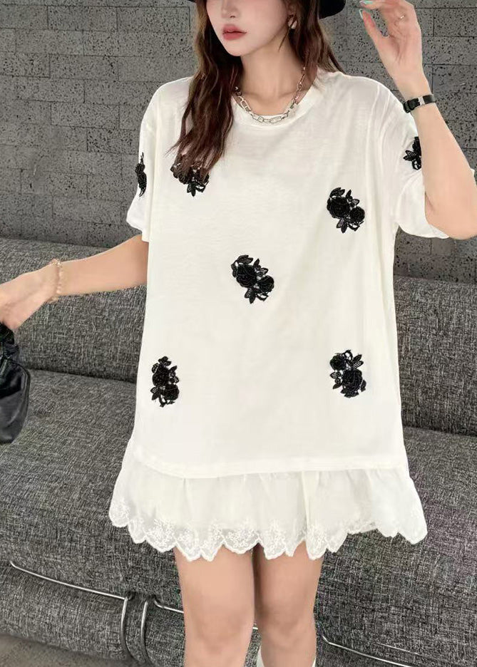 Oversized White Patchwork Tanks Flower Women Decorated Lace