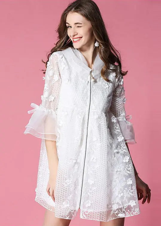 Women White Hooded Embroidered Tulle Mini Dresses Flare Sleeve Ada Fashion