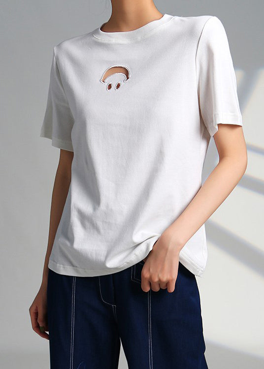 Women White O Neck Hollow Out Cotton T Shirts Summer Ada Fashion