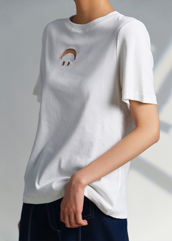 Women White O Neck Hollow Out Cotton T Shirts Summer Ada Fashion