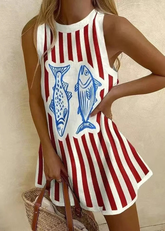 Women Sleeveless Patchwork White Neck Print Cotton Dresses O Mini