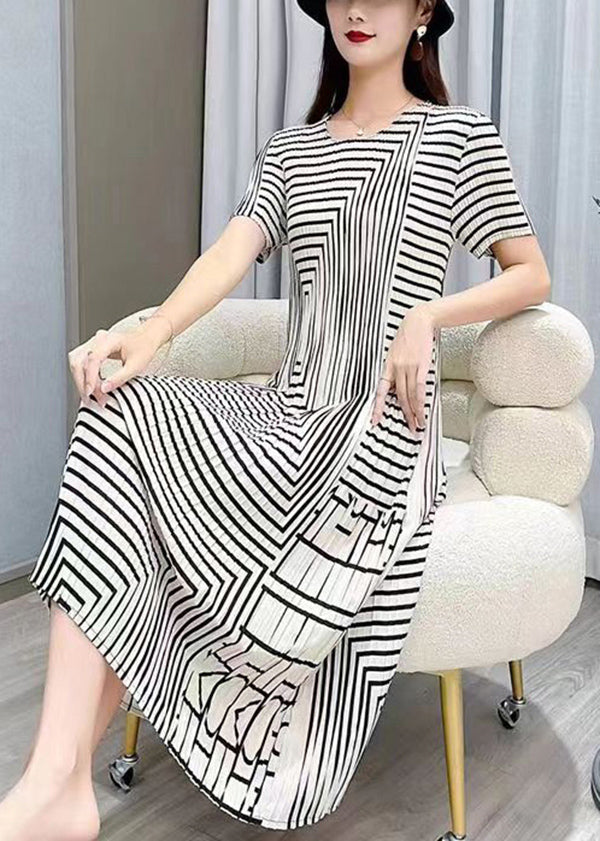 Frauen Weiß O Neck Striped Faltig Seide Kleider Sommer BV080