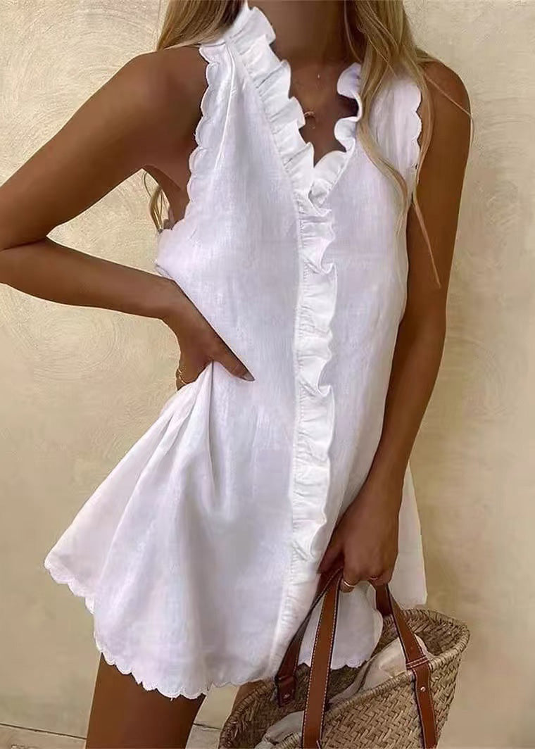 Mini Sleeveless Solid Dresses White Cotton Women Ruffled