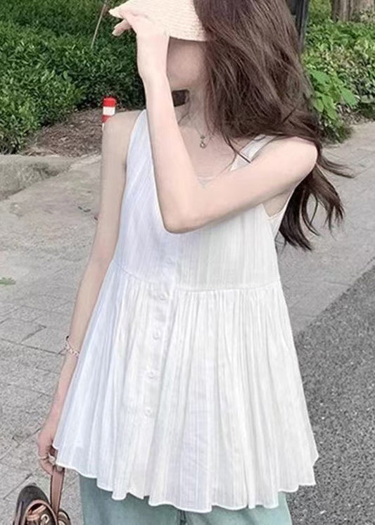 Shirt Collar Square Cotton White Wrinkled Sleeveless Women