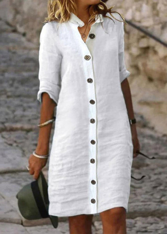 Chemises blanches à col montant et boutons en coton pour femmes, robes à demi-manches FF041