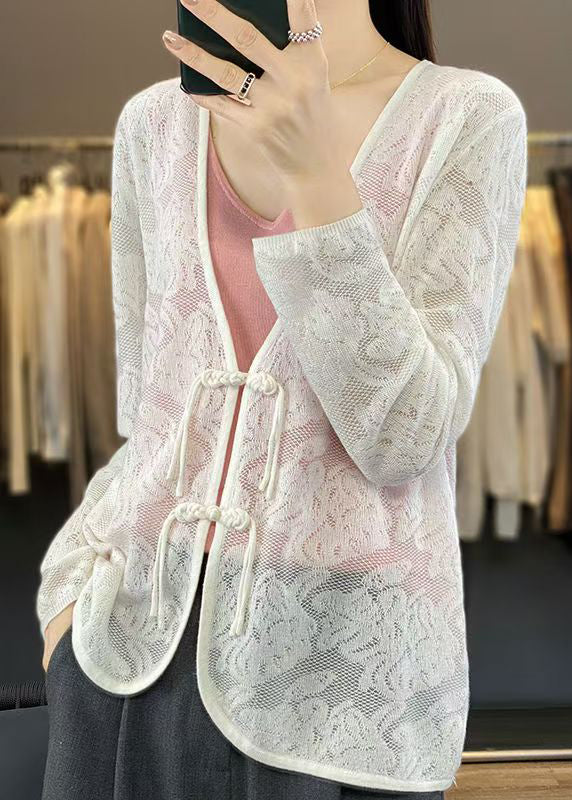 Women White V Neck Chinese Button Knit Cardigan Fall AB1049