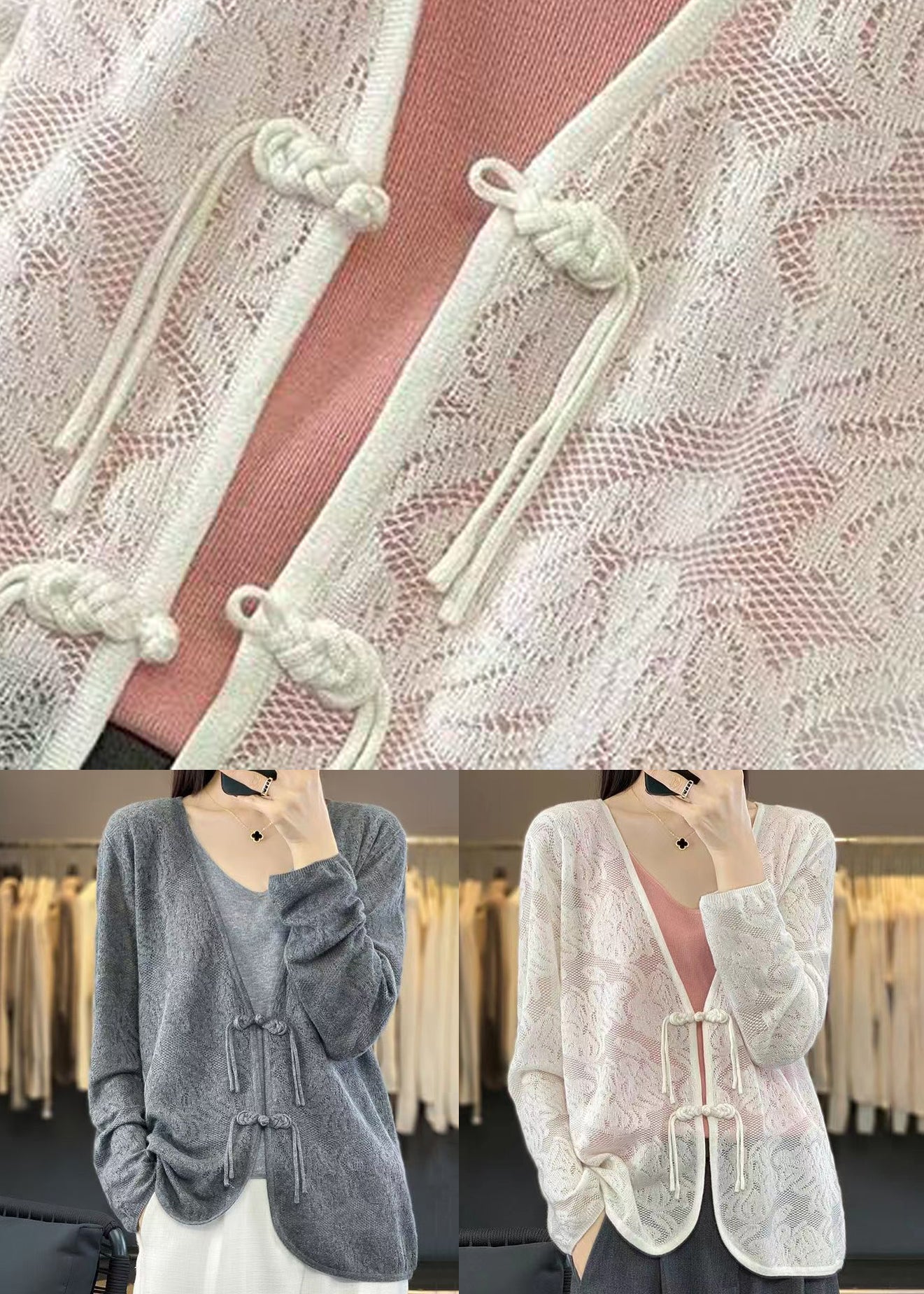 Women White V Neck Chinese Button Knit Cardigan Fall AB1049