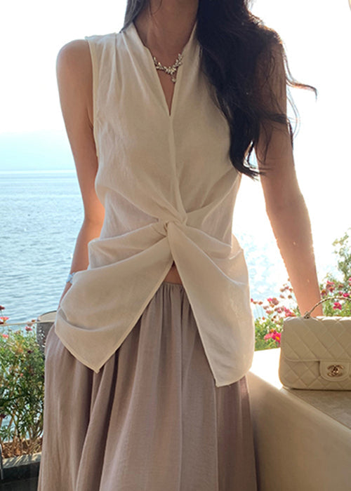 Blouses White Sleeveless Women Neck V Front Cotton Open