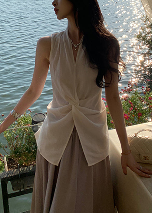 Blouses White Sleeveless Women Neck V Front Cotton Open