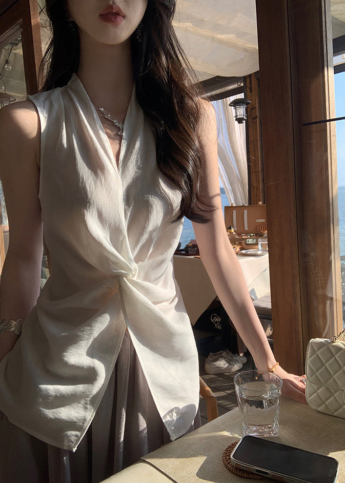 Blouses White Sleeveless Women Neck V Front Cotton Open