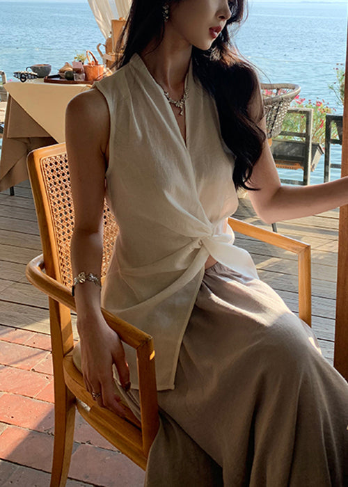 Blouses White Sleeveless Women Neck V Front Cotton Open