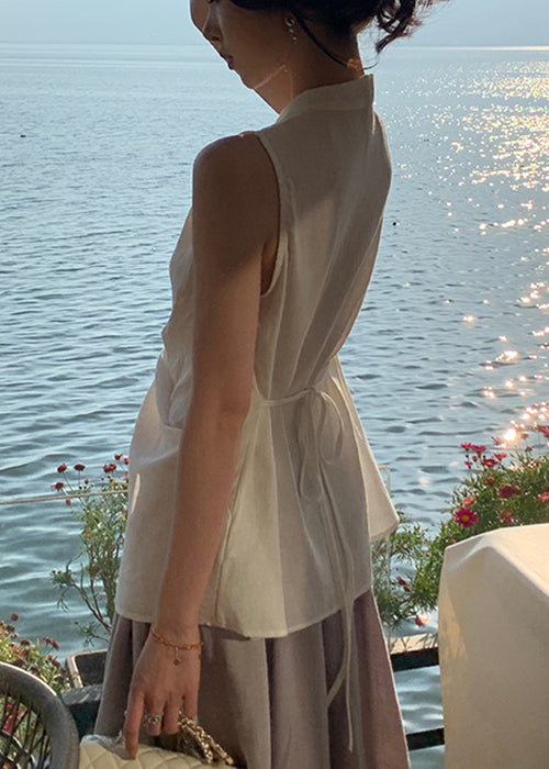 Blouses White Sleeveless Women Neck V Front Cotton Open