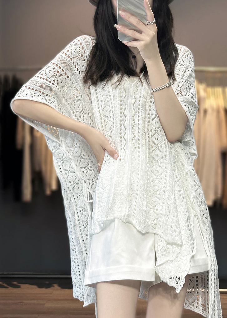 V Shirts Women Hollow Knit Neck T Summer White Out