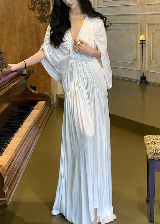 Wrinkled Batwing Women Solid Dresses Neck Sleeve White V