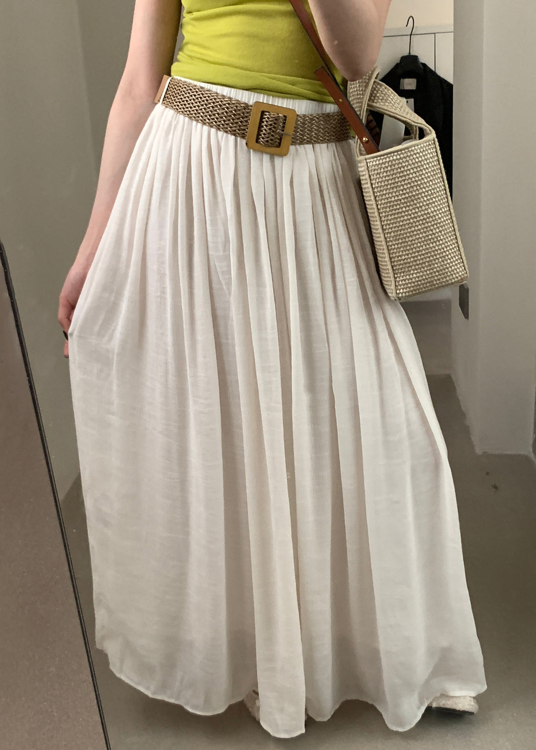 Summer Cotton Elastic Solid Wrinkled Skirts White Women Waist