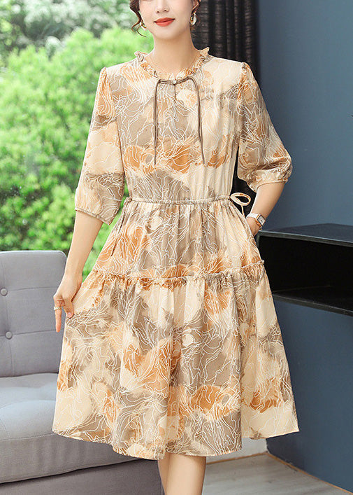 Summer Robe Dresses Women Yellow Cinched Print