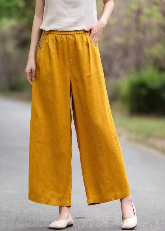 Women Pants Summer Waist Pockets Yellow Linen Elastic