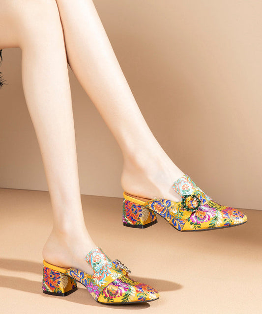 Women Yellow Embroidered Zircon Satin Chunky Sandals RT1078