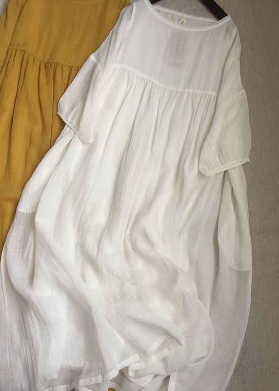 Women Yellow O-Neck Patchwork Wrinkled Long Dresses Short Sleeve G162