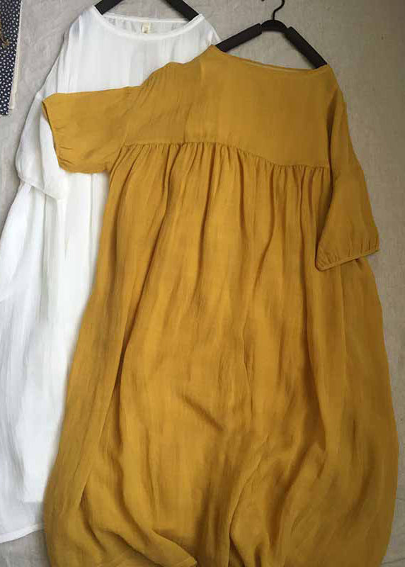 Women Yellow O-Neck Patchwork Wrinkled Long Dresses Short Sleeve G162