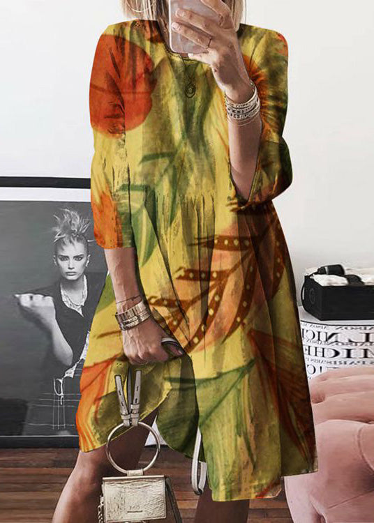 Yellow Women Cotton Mid Print Dress O Summer Neck