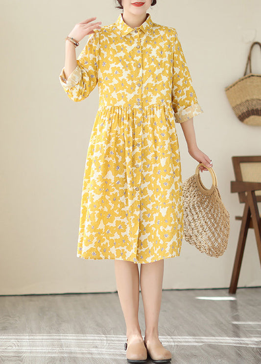 Women Yellow Peter Pan Collar Print Cotton Shirts Dresses Fall QA043