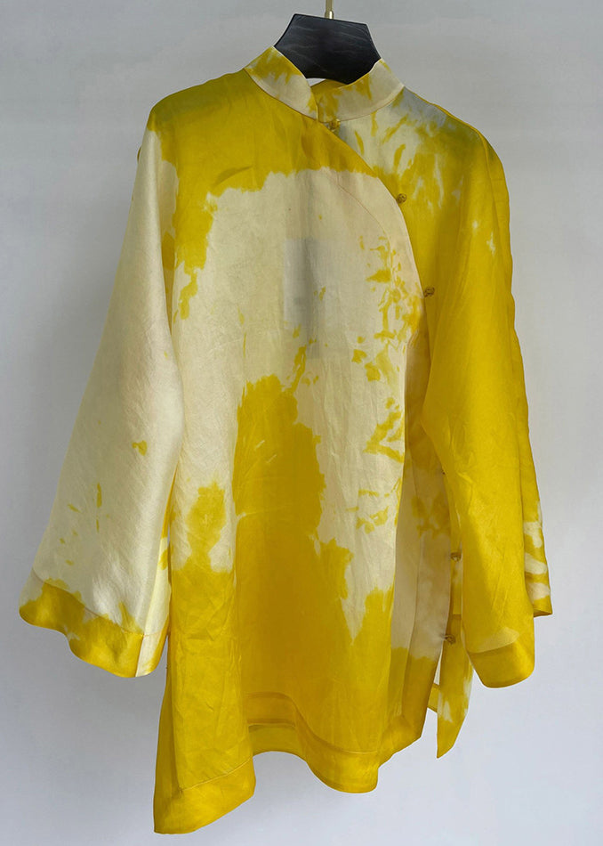 Women Yellow Stand Collar Button Cotton Shirt Long Sleeve Ada Fashion