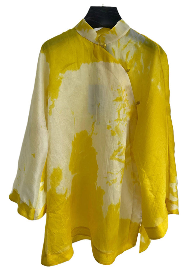 Women Yellow Stand Collar Button Cotton Shirt Long Sleeve Ada Fashion