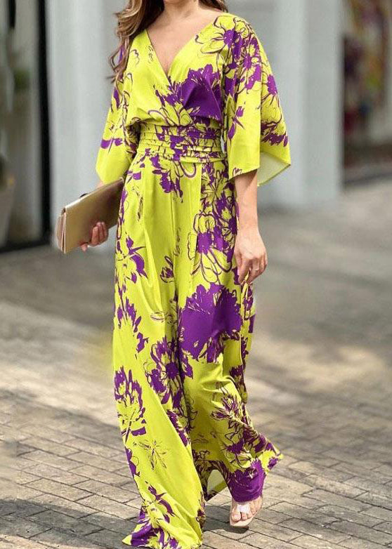 Women Jumpsuit Yellow V Cotton Neck Print Summer
