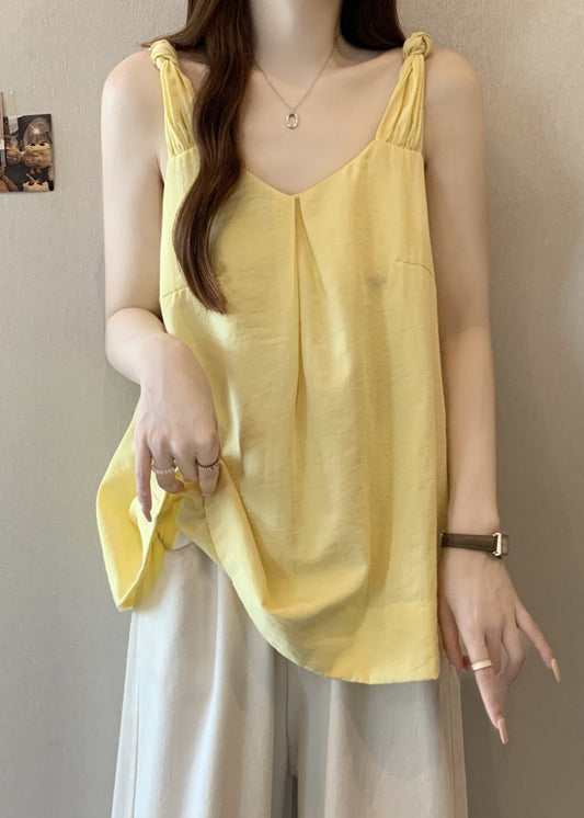Solid Sleeveless Yellow V Neck Tank Women Cotton
