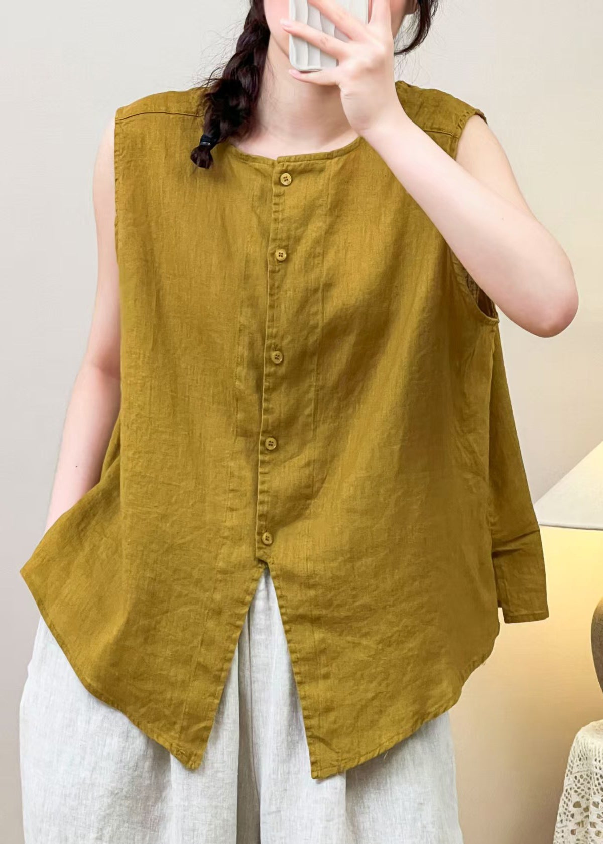 Linen Yellow Women Summer Blouses Both On Sides Wear