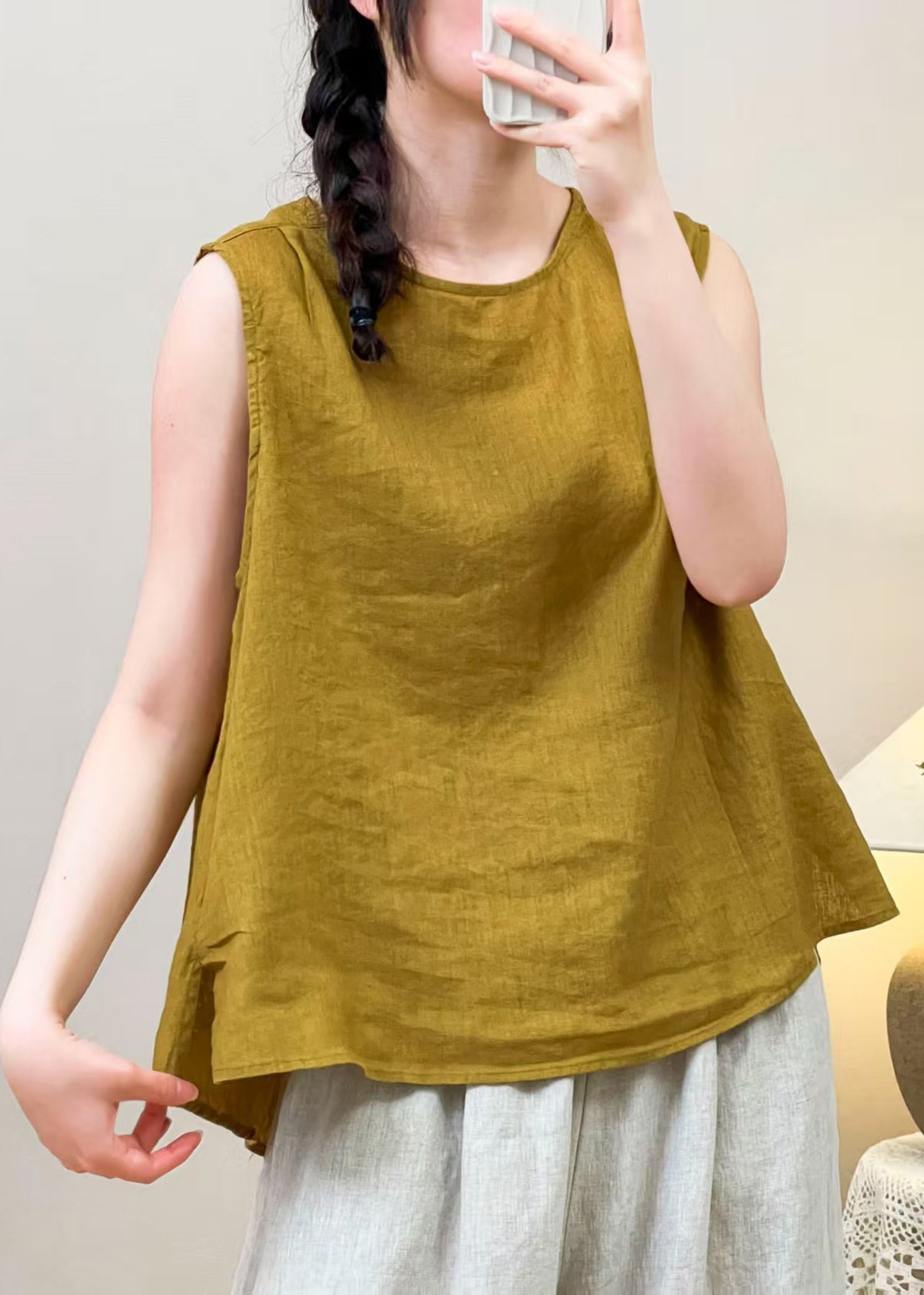 Linen Yellow Women Summer Blouses Both On Sides Wear