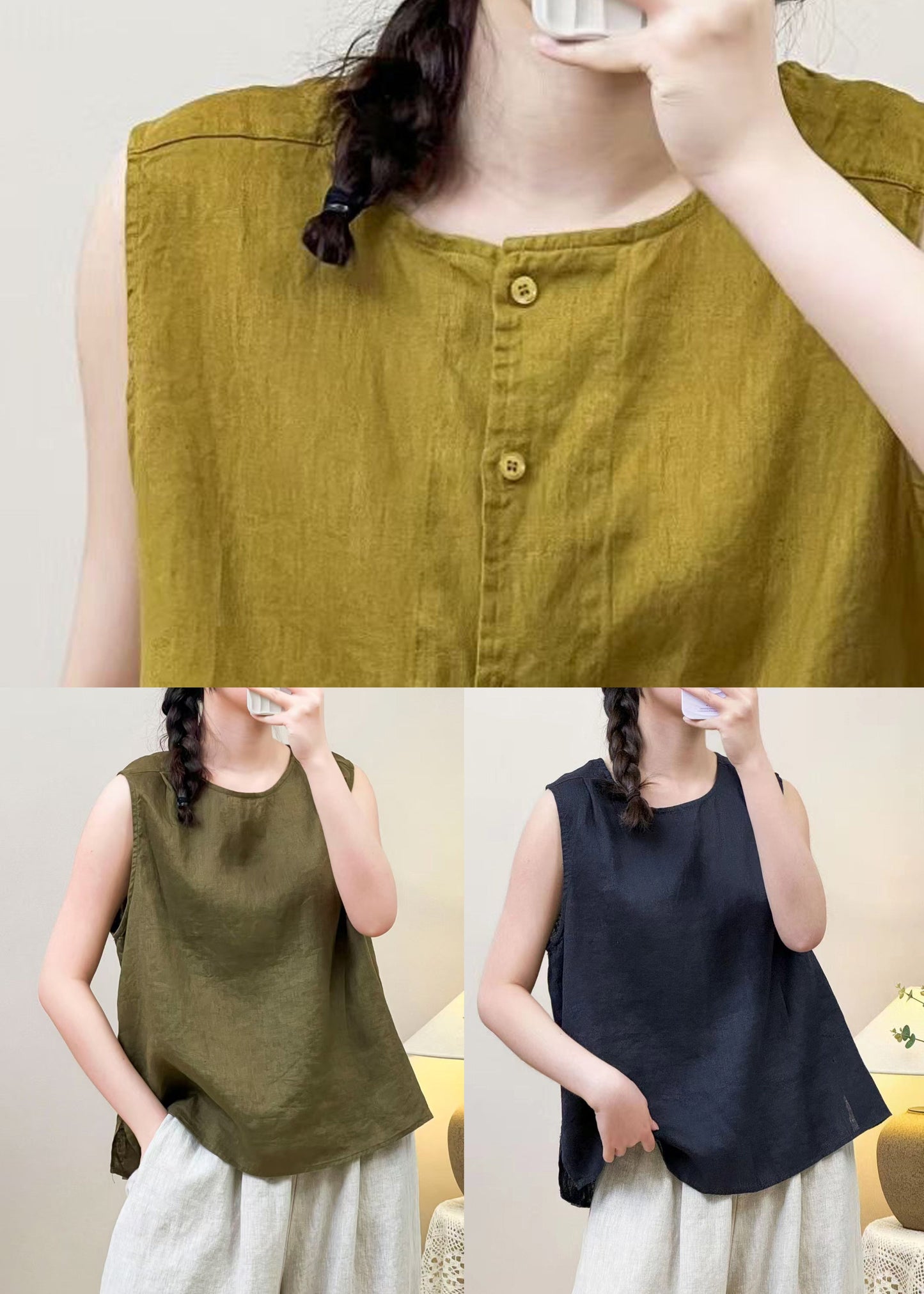 Linen Yellow Women Summer Blouses Both On Sides Wear