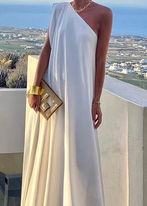 Long Dress Summer White Solid One Shoulder Women's