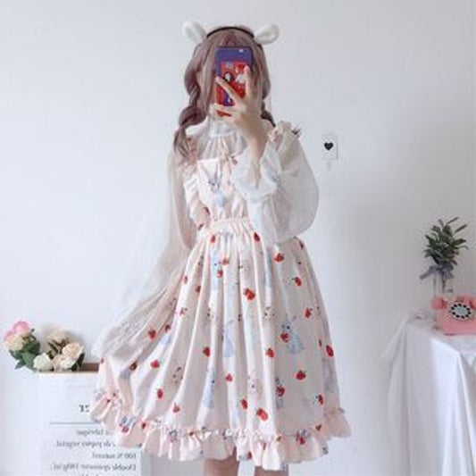 Rabbit Print Lolita Apron A-line Dress / Sheer Dotted Mesh Blouse