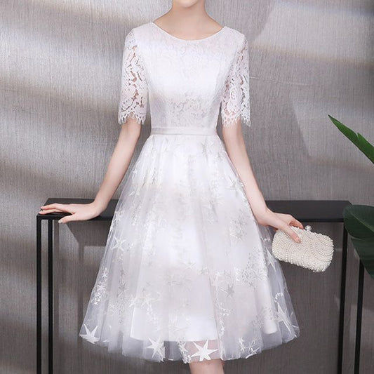 Elbow-Sleeve Lace A-Line Evening Dress