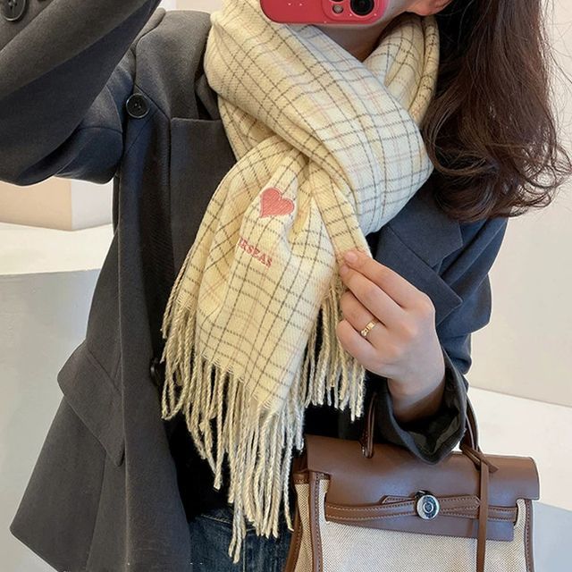 Heart Scarf Plaid Embroidered