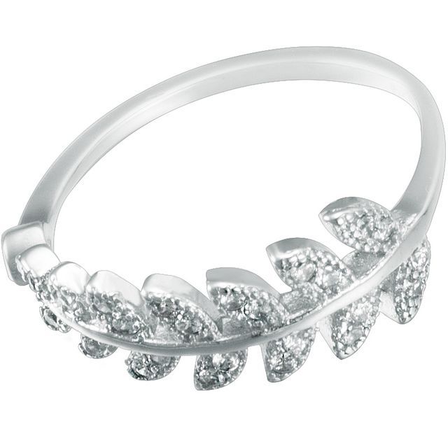 Open Silver Rhinestone Ring Sterling Leaf