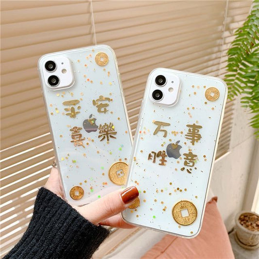 Leaf Gold Case Phone Transparent Chinese Characters